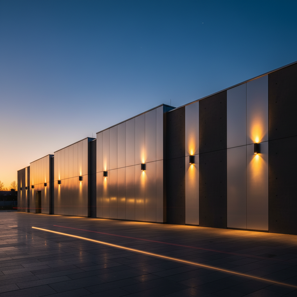 Modern commercial building with outdoor wall lighting installations at dusk