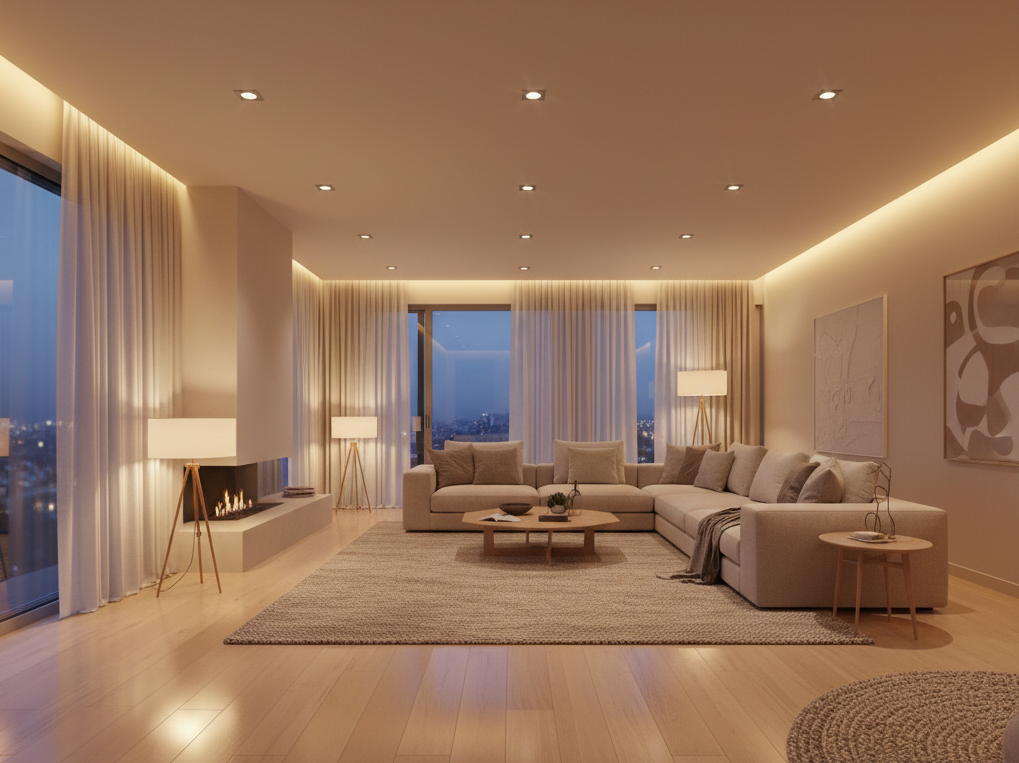 Contemporary living room with recessed ceiling lights and ambient lighting