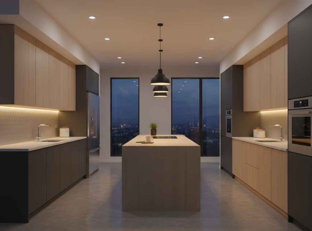 Modern kitchen with under-cabinet LED lighting and pendant lights