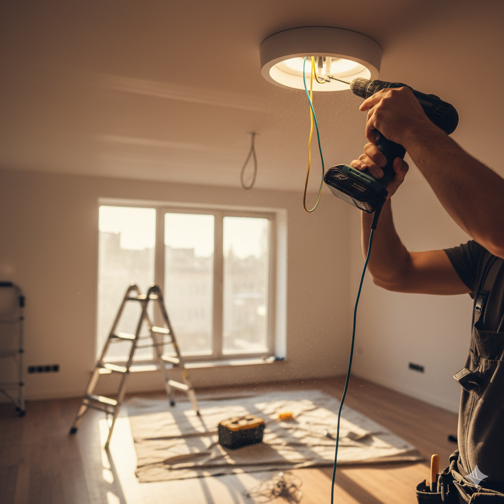 Electrician installing ceiling light fixture during renovation